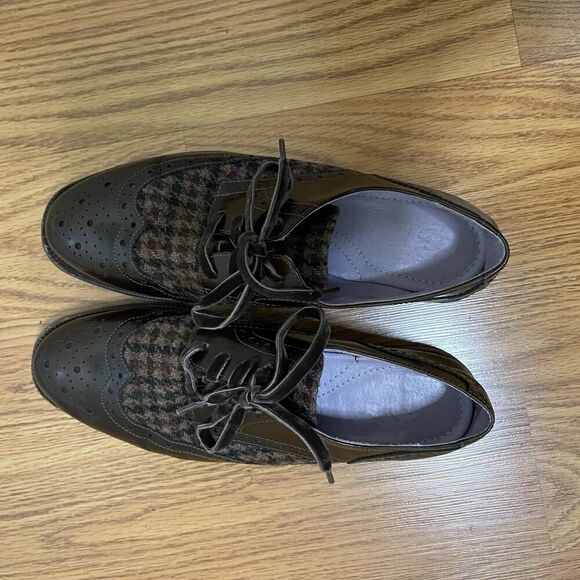 Johnston & Murphy Dark brown tweed knit patent leather oxford wingtip shoes 7 - Picture 7 of 8